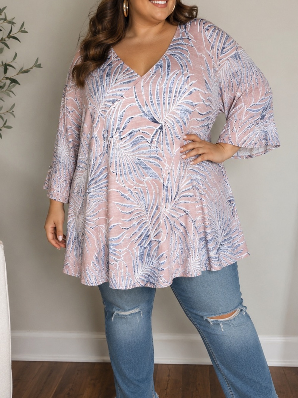Clara Sun Woo Plus Size 3X Pink White Artsy Leaf Floral Print Stretchy Tunic Top